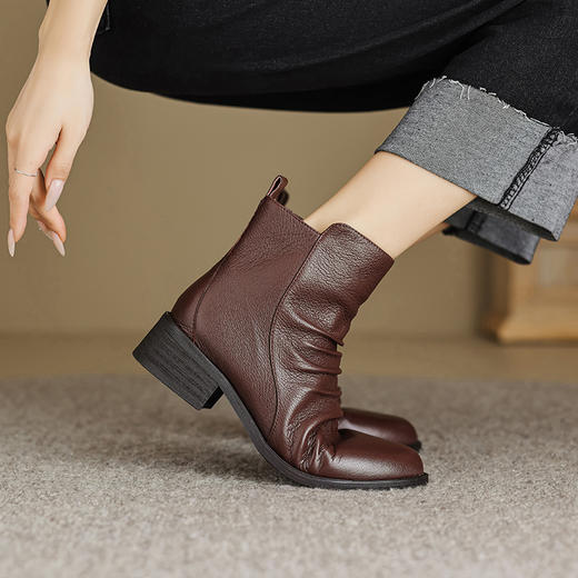 时尚褶皱及裸靴，真皮侧拉链短靴OFSM-OF6802R 商品图5