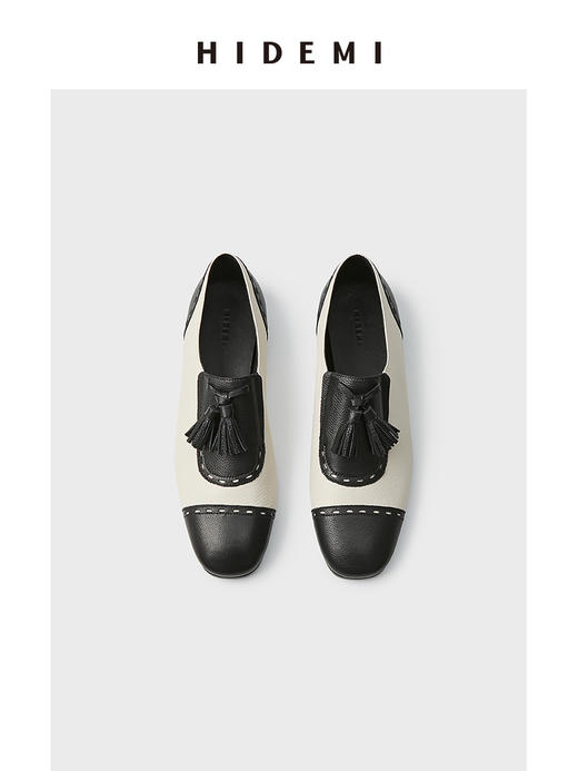 HIDEMI 【当当同款】复古拼接拼皮小牛皮流苏平底鞋 黑白/黑金/银色/白色/棕白 商品图12