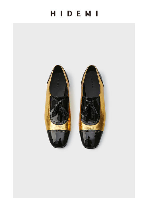 HIDEMI 【当当同款】复古拼接拼皮小牛皮流苏平底鞋 黑白/黑金/银色/白色/棕白 商品图11
