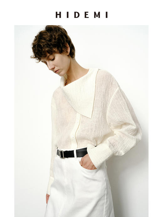 HIDEMI 艺术感强缩褶皱肌理羊毛系列不对称翻领衬衫上衣 商品图3