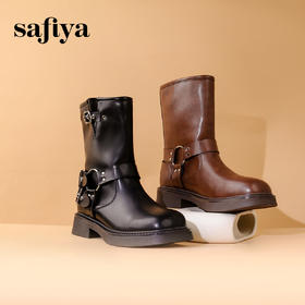 Safiya/索菲娅2023冬季 机能废土风皮带扣粗跟厚底牛仔西部靴 SF34116060