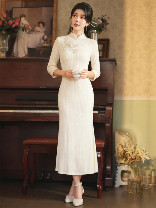 文艺复古，秋冬针织旗袍裙新中式羊毛棉面料双层新款旗袍JLM-3182 商品图1