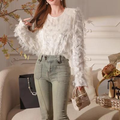 张心子【梦幻白羽】温柔风软糯长袖羽毛女秋季2023新款宽松套头上衣 U2309048 商品图1