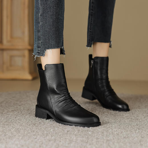 时尚褶皱及裸靴，真皮侧拉链短靴OFSM-OF6802R 商品图9