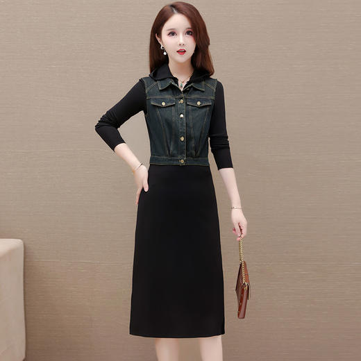 修身时尚，秋款长款长袖连帽内搭连衣裙短款牛仔时髦马甲两件套QYM-OMS-FDB316-L 商品图0