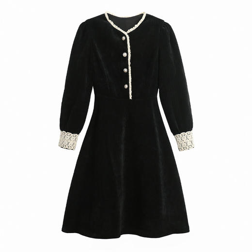 秋季新款气质女装圆领长袖显瘦中长裙拼接法式灯芯绒连衣裙HT-5021 商品图4