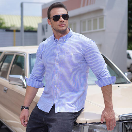 【一口价】【新款DM】大依优型大码条纹长袖衬衣多色大码长袖衬衫男显瘦宽松透气上衣男士肥佬 商品图0