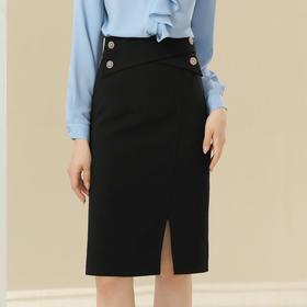 百姿 韩版黑色高腰半身裙秋季新款纯色包臀裙