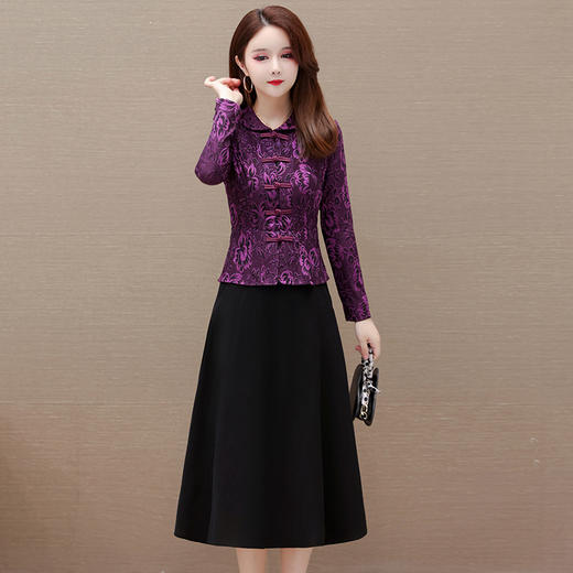 秋季新款，拼结假两件复古改良中长款A字裙妈妈装印花连衣裙QYM-KED-1306 -Y 商品图1