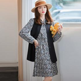娜璐多 秋季新款女装碎花连衣裙马甲套装洋气复古风裙子两件套休闲