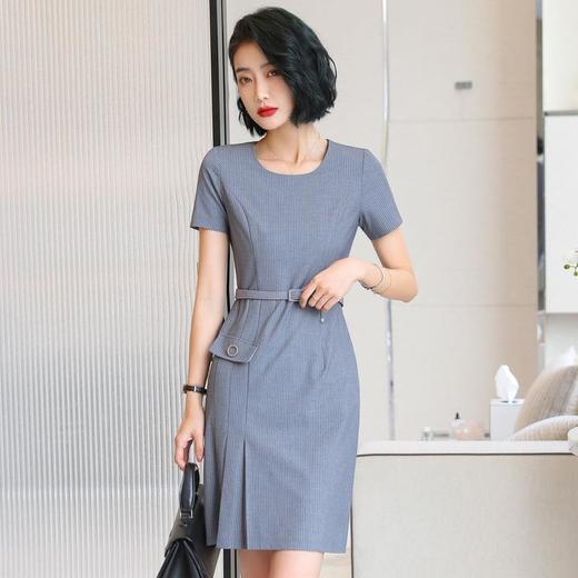 娜璐多 条纹短袖连衣裙薄款2023夏新款设计感通勤OL裙子女收腰显瘦高级感 商品图3