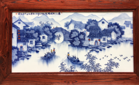 青花釉下彩春江水暖鸭先知瓷板