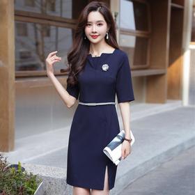 娜璐多 简约风时尚中袖连衣裙夏季薄款2023年新款开叉配腰带设计感通勤OL