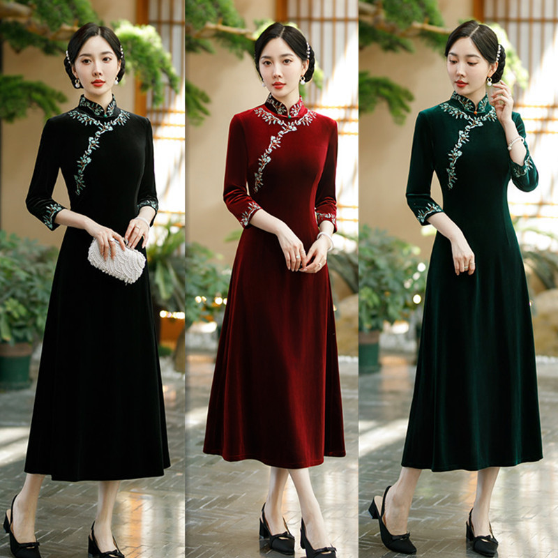 老上海复古国风丝绒旗袍，大摆裙秋冬新款改良新中式中老年旗袍GX-22218