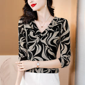 2023秋季新款时尚V领印花高弹网纱长袖洋气遮肚子上衣气质小衫女YH852032