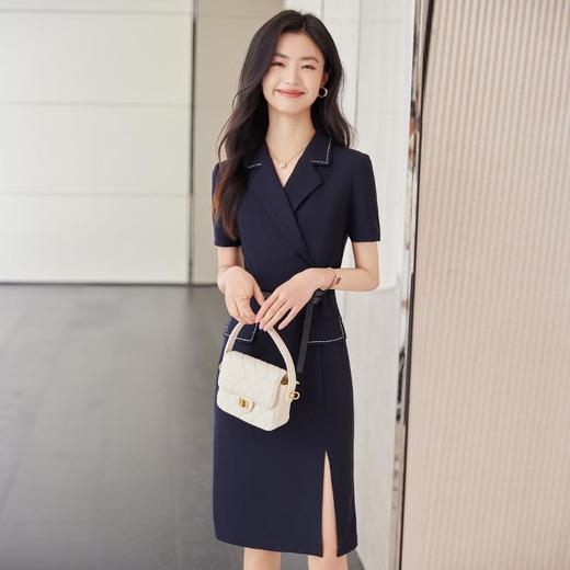 娜璐多 蓝色连衣裙女夏季新款气质高级感时尚藏青色裙高腰OL开叉中裙女 商品图1