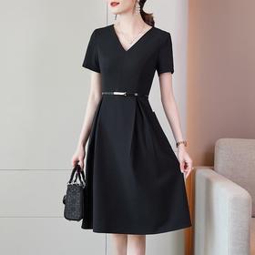 娜璐多 连衣裙女2023夏季新款V领收腰短袖时尚气质女神范通勤中长款裙子