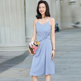 娜璐多 黑色醋酸缎面吊带连衣裙女夏季收腰显瘦气质纯色高腰打底中长裙女