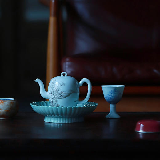 景德镇 忘言/手绘汝釉开片青花江南春壶承 手绘茶盘仿古果盘干泡盘茶点盘 商品图9