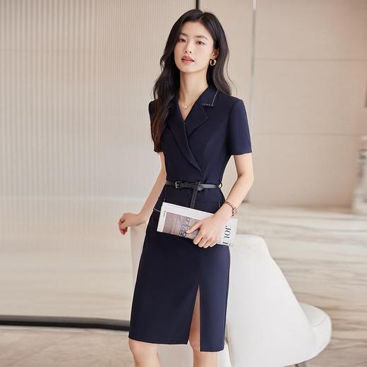 娜璐多 蓝色连衣裙女夏季新款气质高级感时尚藏青色裙高腰OL开叉中裙女 商品图3