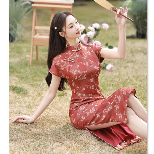 2023春夏新款时尚双面纺丝提花连肩袖旗袍GX-373052 商品图2