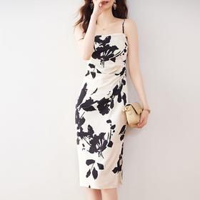 娜璐多 法式茶歇吊带连衣裙子2023新款夏收腰高级感裙国风印花水墨画温柔