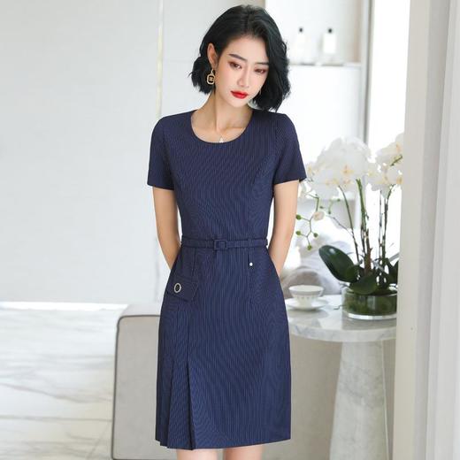 娜璐多 条纹短袖连衣裙薄款2023夏新款设计感通勤OL裙子女收腰显瘦高级感 商品图1