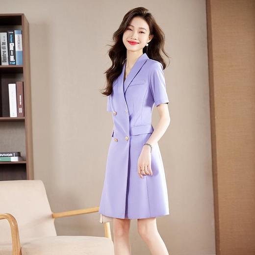 娜璐多 紫色连衣裙女夏薄款高级感短袖通勤OL百搭显瘦职业装双排扣轻熟风 商品图2