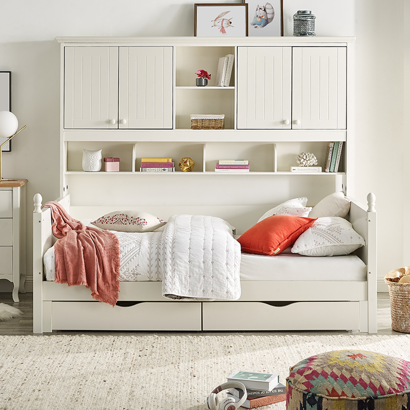 喜梦宝侧高床成人床现代简约书柜床儿童储物床书架床带抽屉艾米丽