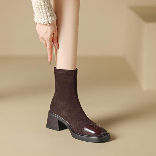 优雅个性，茶花刺绣牛皮瘦瘦靴XDD-2177F 商品图1