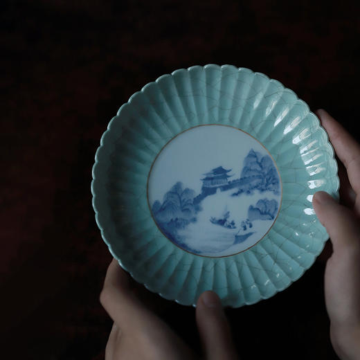 景德镇 忘言/手绘汝釉开片青花江南春壶承 手绘茶盘仿古果盘干泡盘茶点盘 商品图0