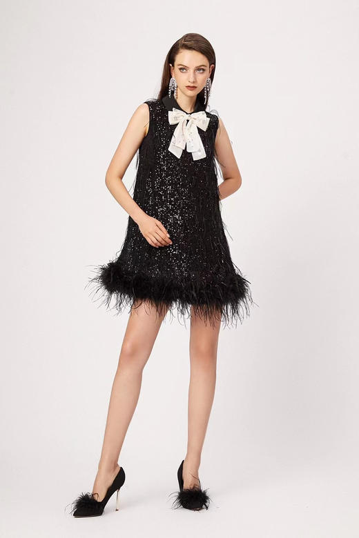 蝴蝶结装饰亮片驼鸟毛黑色连衣裙 商品图1