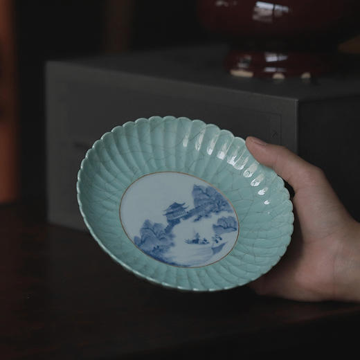 景德镇 忘言/手绘汝釉开片青花江南春壶承 手绘茶盘仿古果盘干泡盘茶点盘 商品图2