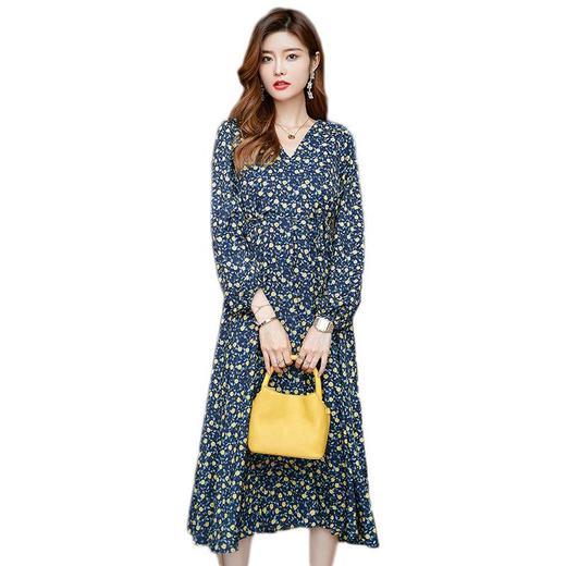 娜璐多 碎花连衣裙女2023春秋V领气质复古度假风宽松显瘦长袖雪纺长裙女 商品图3