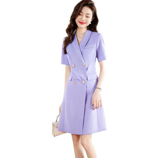 娜璐多 紫色连衣裙女夏薄款高级感短袖通勤OL百搭显瘦职业装双排扣轻熟风 商品图4
