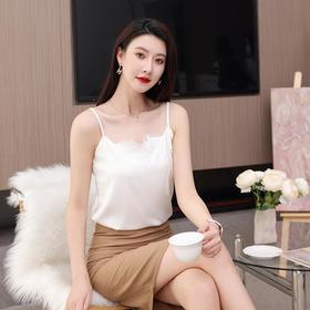 娜璐多 睫毛蕾丝吊带背心女设计感小众一字领西装内搭外穿打底上衣仿真丝