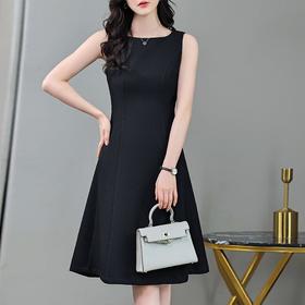 娜璐多 黑色连衣裙气质显瘦无袖裙子2023早秋新款高级感A字高腰裙背心裙