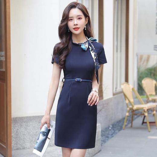 娜璐多 时尚气质职业连衣裙女2023夏季新款丝巾蝴蝶结短袖通勤裙子配腰带 商品图2