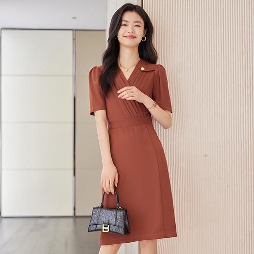 娜璐多 V领连衣裙女2023夏季新款短袖通勤气质女神范高端时尚收腰裙轻熟 商品图0
