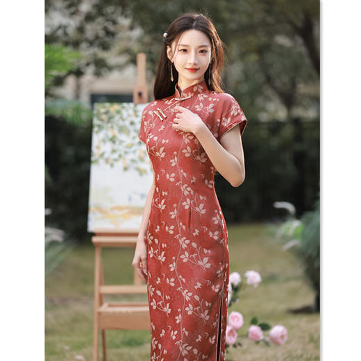 2023春夏新款时尚双面纺丝提花连肩袖旗袍GX-373052 商品图3