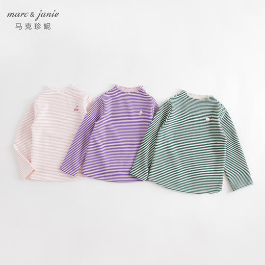 【吸湿发热】马克珍妮女童花边领条纹T恤 儿童秋冬打底衫231380 商品图0