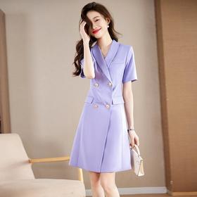娜璐多 紫色连衣裙女夏薄款高级感短袖通勤OL百搭显瘦职业装双排扣轻熟风
