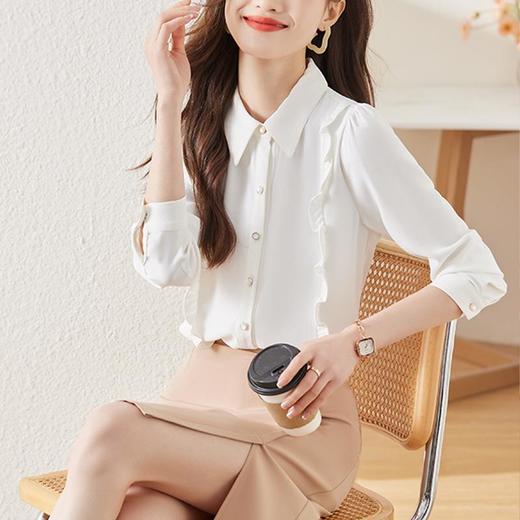 娜璐多 时尚减龄木耳边长袖衬衫女早秋2023百搭OL设计内搭打底通勤白衬衣 商品图3