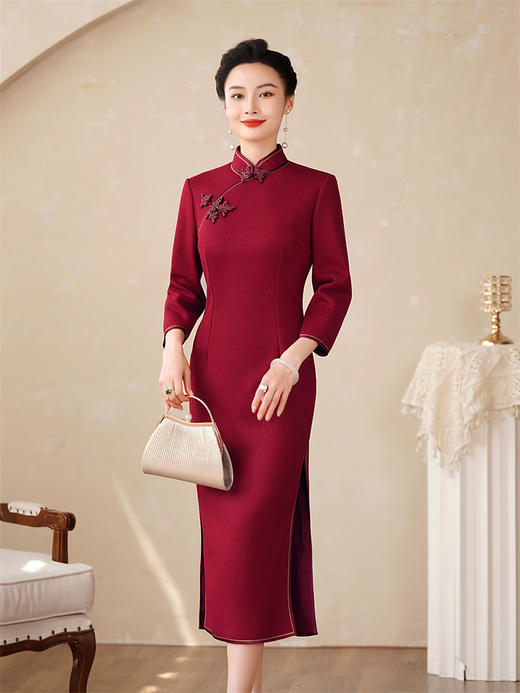 HQ-229亮丝澳毛旗袍秋冬2024新款七分袖新中式婚宴连衣裙优雅 商品图2