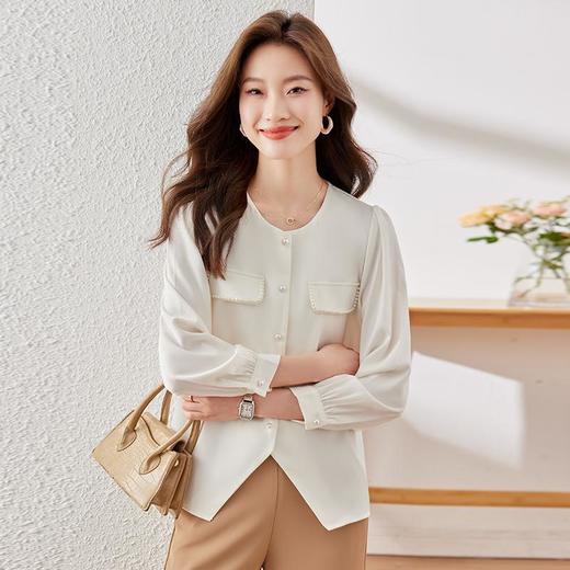 娜璐多 法式小香风设计感修身衬衫女2023秋季新款洋气珍珠小衫不规则上衣 商品图1