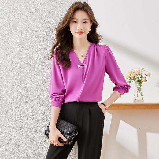 娜璐多 法式V领长袖雪纺衬衫女秋装2023新款气质宽松洋气小衫女优雅简约 商品图1