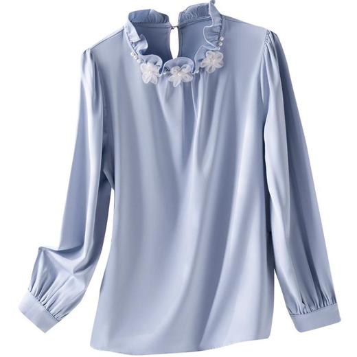 娜璐多 洋气减龄蓝色断面衬衣女2023早秋新款高级感花朵珍珠上衣法式复古 商品图4