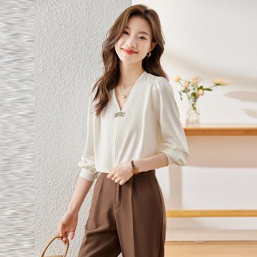 娜璐多 法式V领长袖雪纺衬衫女秋装2023新款气质宽松洋气小衫女优雅简约 商品图2