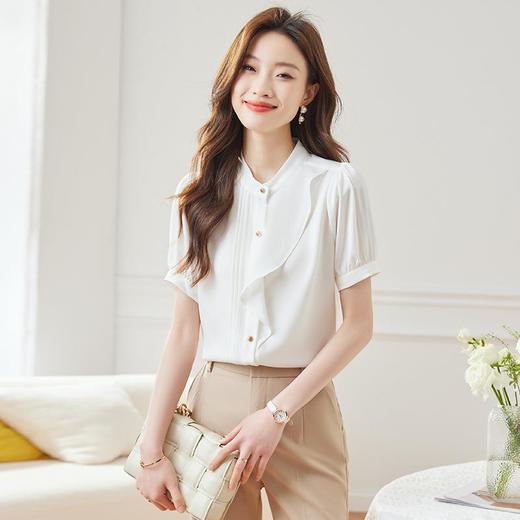 娜璐多 荷叶边短袖衬衫女2023夏新款雪纺衬衣洋气法式别致上衣设计感韩版 商品图0