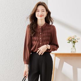 娜璐多 法式立领长袖褶皱衬衫女2023早秋新款设计感气质百搭小衫减龄上衣